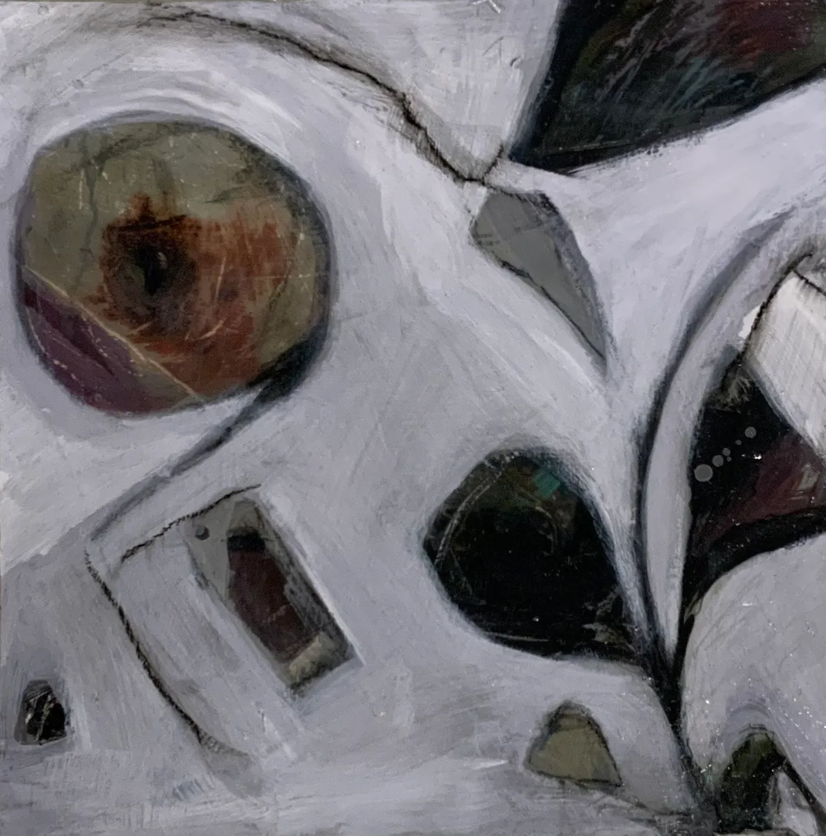 Abstract painting of soft white organic forms with deep shadowed hollows and a rust-coloured circle