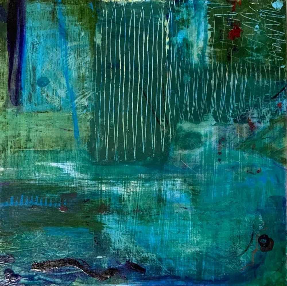 Moody teal abstract painting with fine vertical white lines like rain over dark water