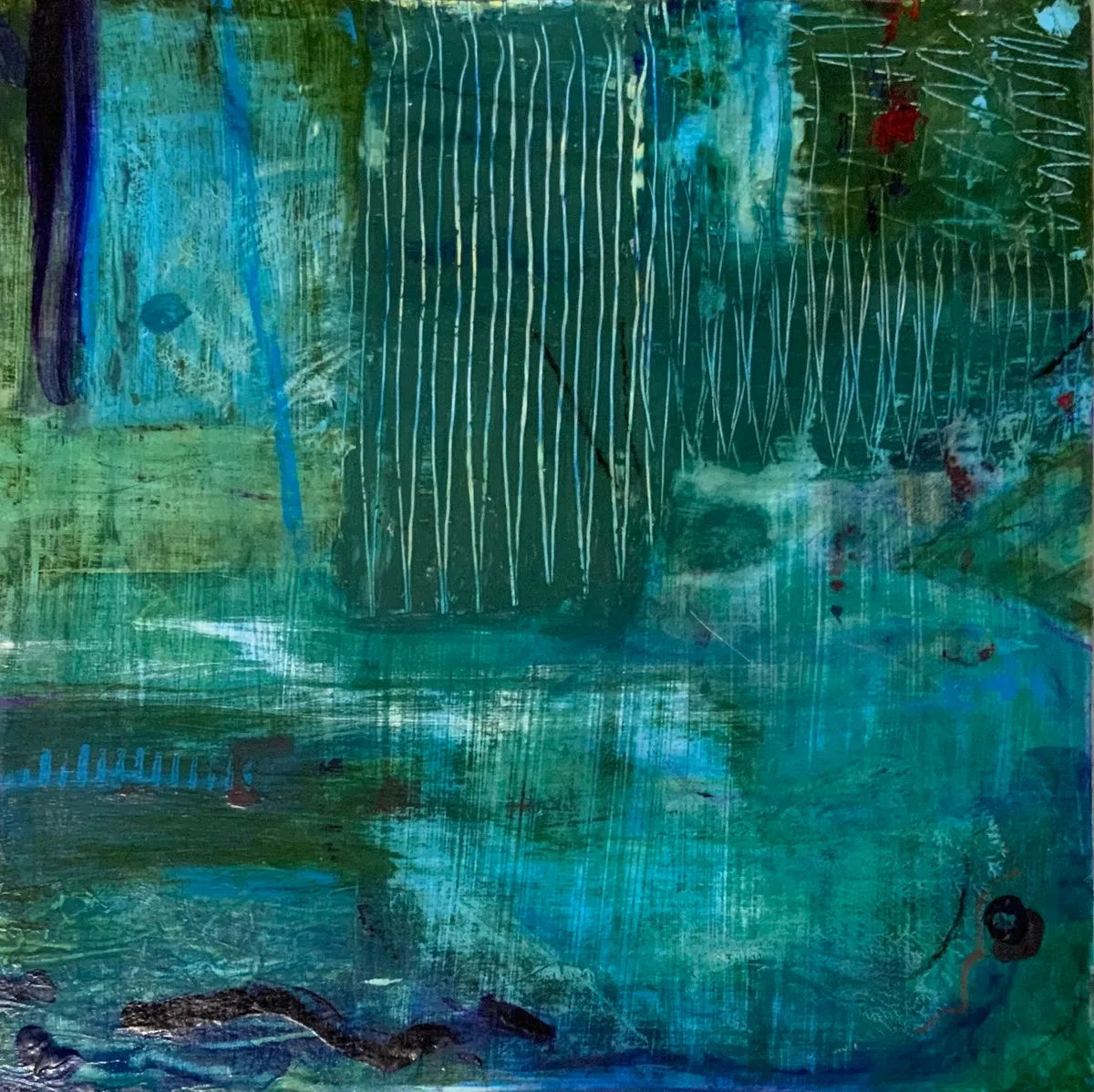 Moody teal abstract painting with fine vertical white lines like rain over dark water