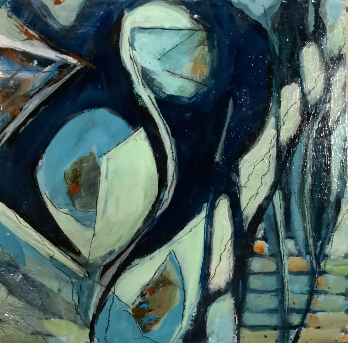 Bold abstract painting of sweeping indigo and pale blue ribbons with touches of rust orange