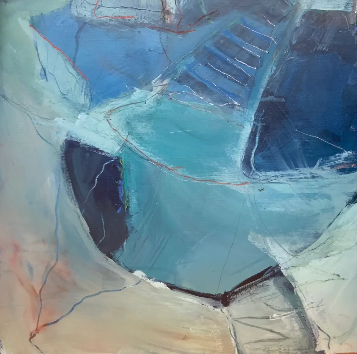 Soft pale blue abstract painting with sweeping curved bands, thin red lines and sandy tones