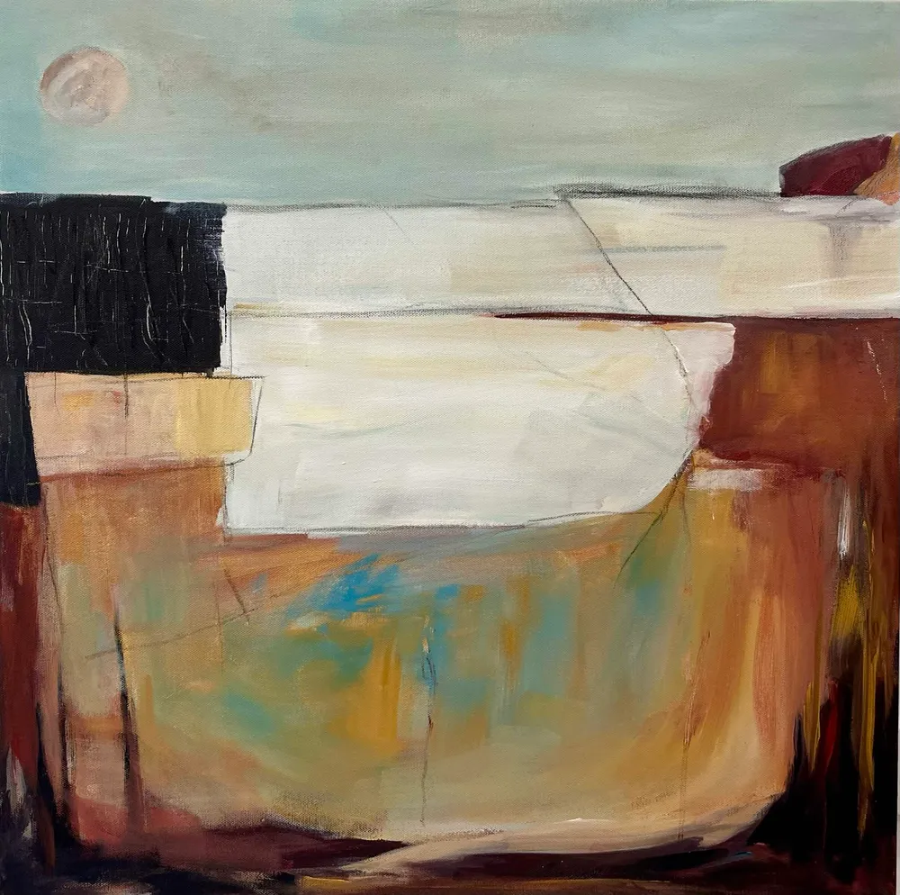 Geometric abstract landscape with a pale moon over bands of white cliff, black rock and rust earth